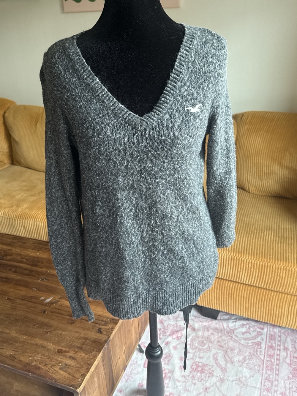 Hollister Charcoal Gray V-Neck Knit Sweater